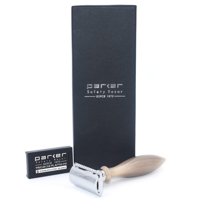 Parker 3 Piece Safety Razor 11R - Genuine Ox Horn Handle - New England Shaving Company