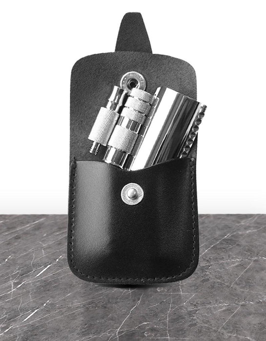 Merkur Travel Double Edge Safety Razor & Black Leather Case - New England Shaving Company