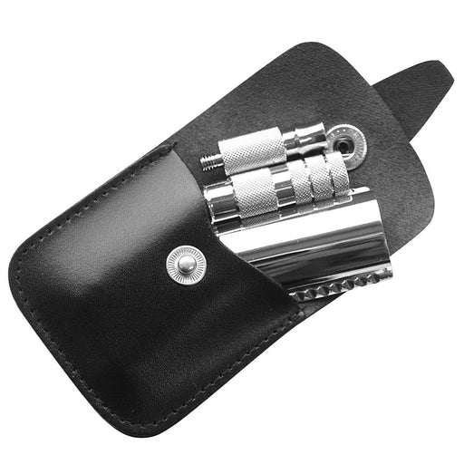 Merkur Travel Double Edge Safety Razor & Black Leather Case - New England Shaving Company