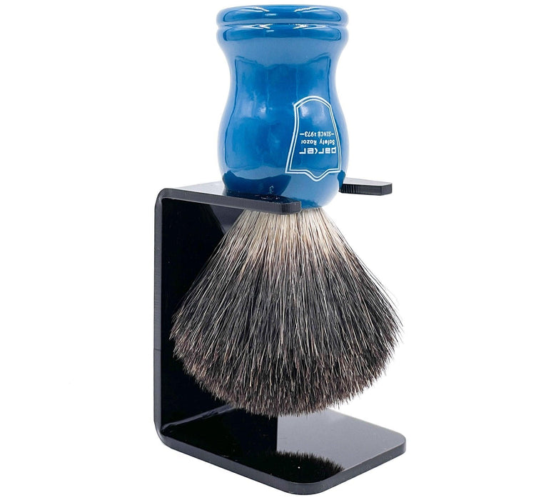 Parker - Blue Wood Handle Black Badger Brush with Stand - New England Shaving Company