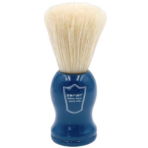 Parker - Blue Wood Handle Boar Brush with Stand - New England Shaving Company