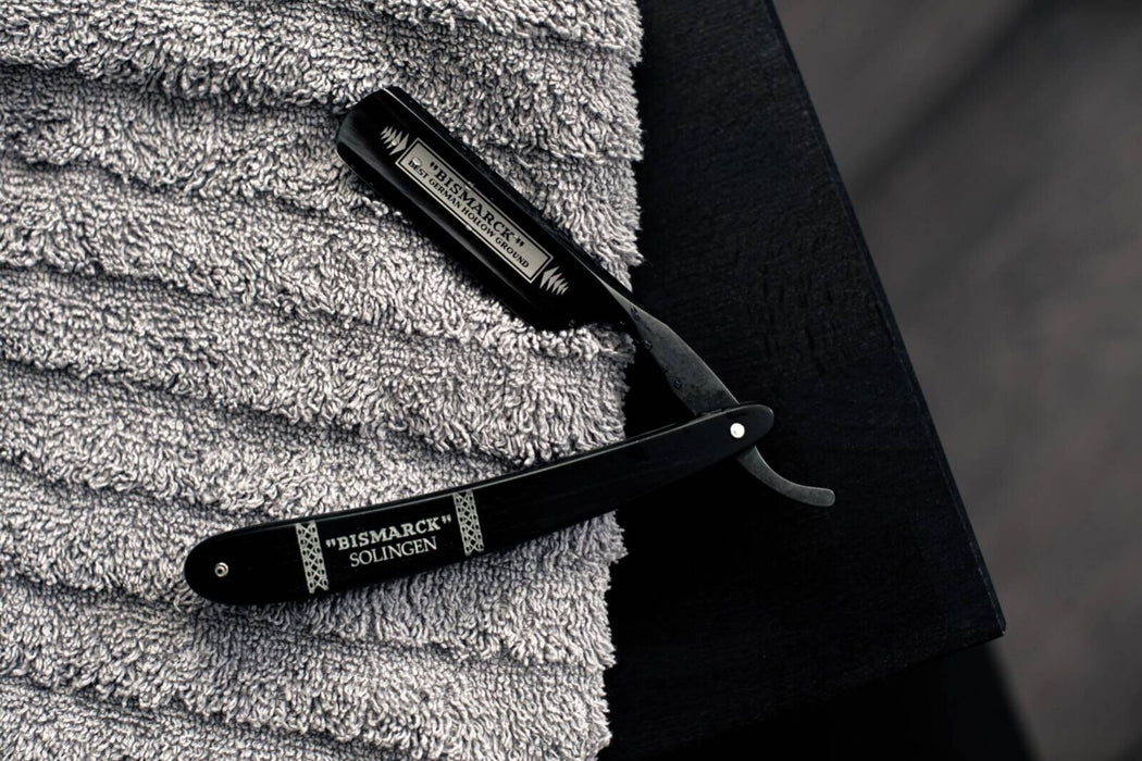 Dovo - "Bismarck" Oxidized Straight Razor, Ebony Handle, Round Point, 6/8" - New England Shaving Company