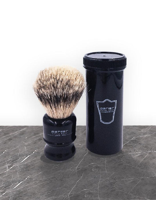 Parker - Black Handle Silver Tip Badger Travel Brush - New England Shaving Company