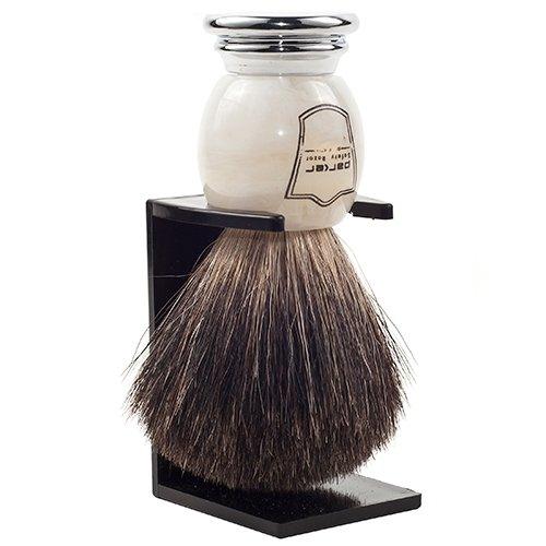 Parker - Marbled Ivory Handle Black Badger Brush with Stand - New England Shaving Company