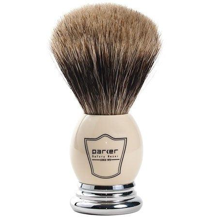 Parker - White and Chrome Handle Pure Badger Brush with Stand - New England Shaving Company