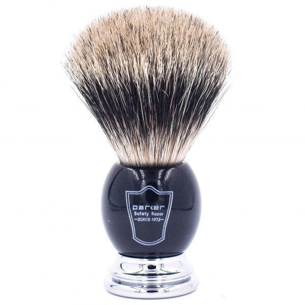 Parker - Black and Chrome Handle Pure Badger Brush with Stand - New England Shaving Company