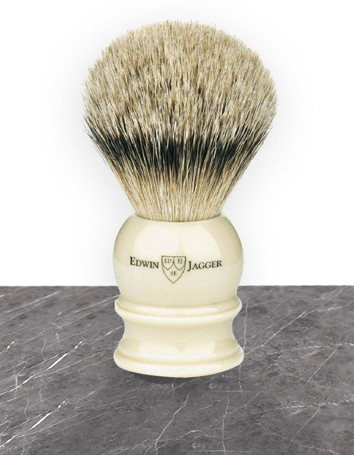 Edwin Jagger - 1EJ467 English Shaving Brush, Imitation Ivory with Silver Tip Badger, Medium - New England Shaving Company