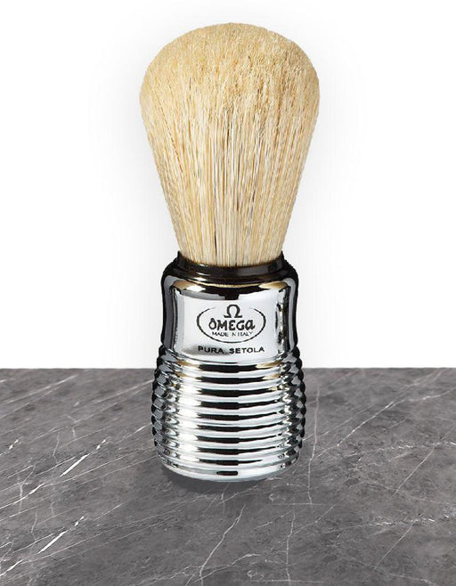 Omega - 10081 Boar Bristle Shaving Brush - Faux Chrome Beehive Handle - New England Shaving Company