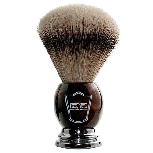 Parker - Faux Horn Handle Silver Tip Badger Brush with Stand - New England Shaving Company