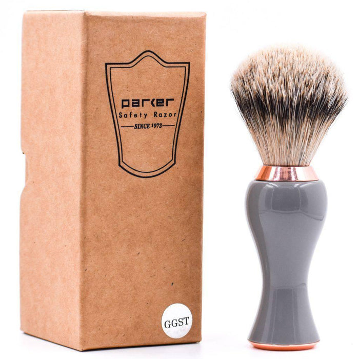Parker - Gray and Rose Gold Handle Silver Tip Badger Brush with Stand - New England Shaving Company