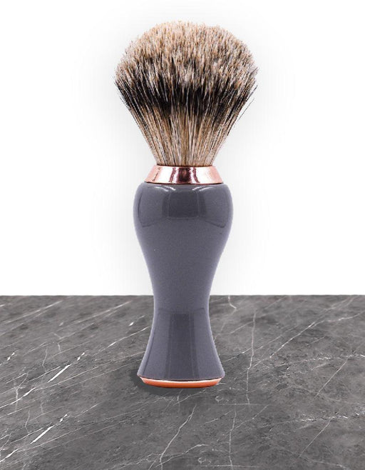 Parker - Gray and Rose Gold Handle Silver Tip Badger Brush with Stand - New England Shaving Company