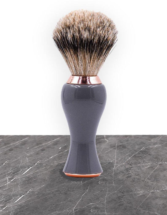 Parker - Gray and Rose Gold Handle Silver Tip Badger Brush with Stand - New England Shaving Company