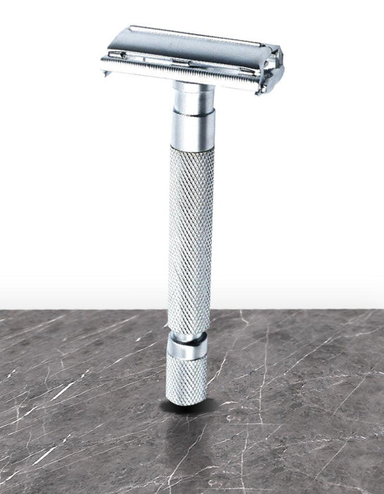 Parker Butterfly Open Long Handle Safety Razor 74R - Satin Chrome - New England Shaving Company
